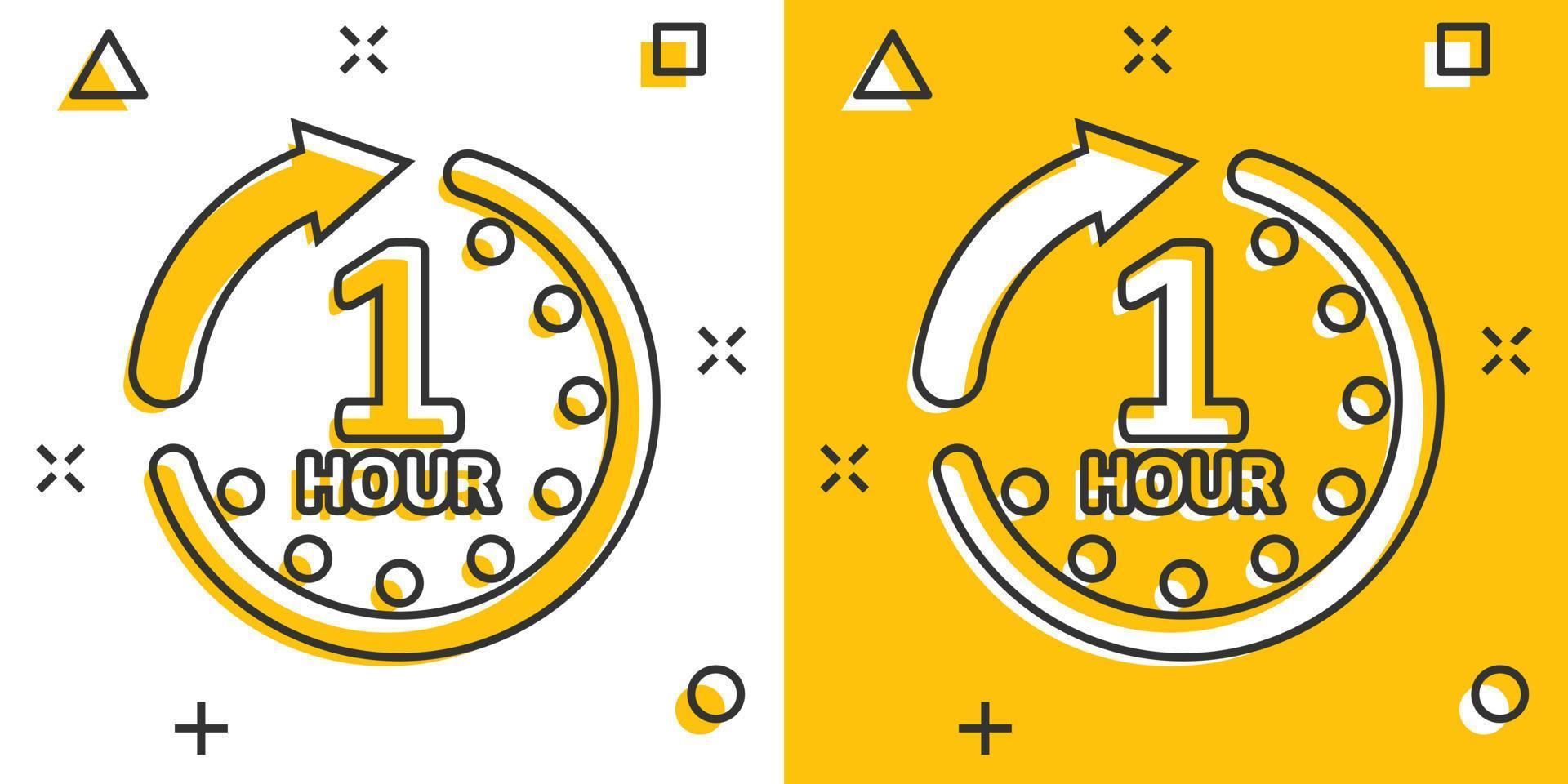 1 hour clock icon in comic style. Timer countdown cartoon vector illustration on isolated background. Time measure splash effect sign business concept.