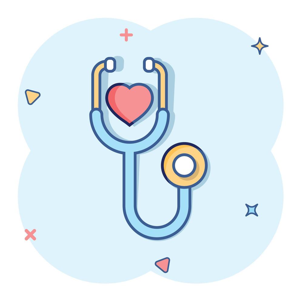 Stethoscope icon in comic style. Heart diagnostic cartoon vector illustration on isolated background. Medicine splash effect sign business concept.