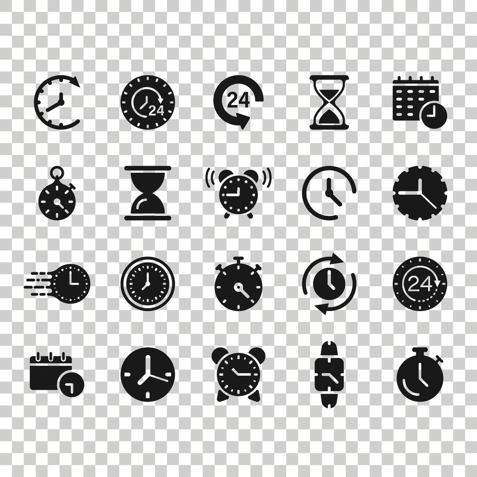 Time icon set in flat style. Agenda clock vector illustration on white isolated background. Sandglass, wristwatch timer business concept.