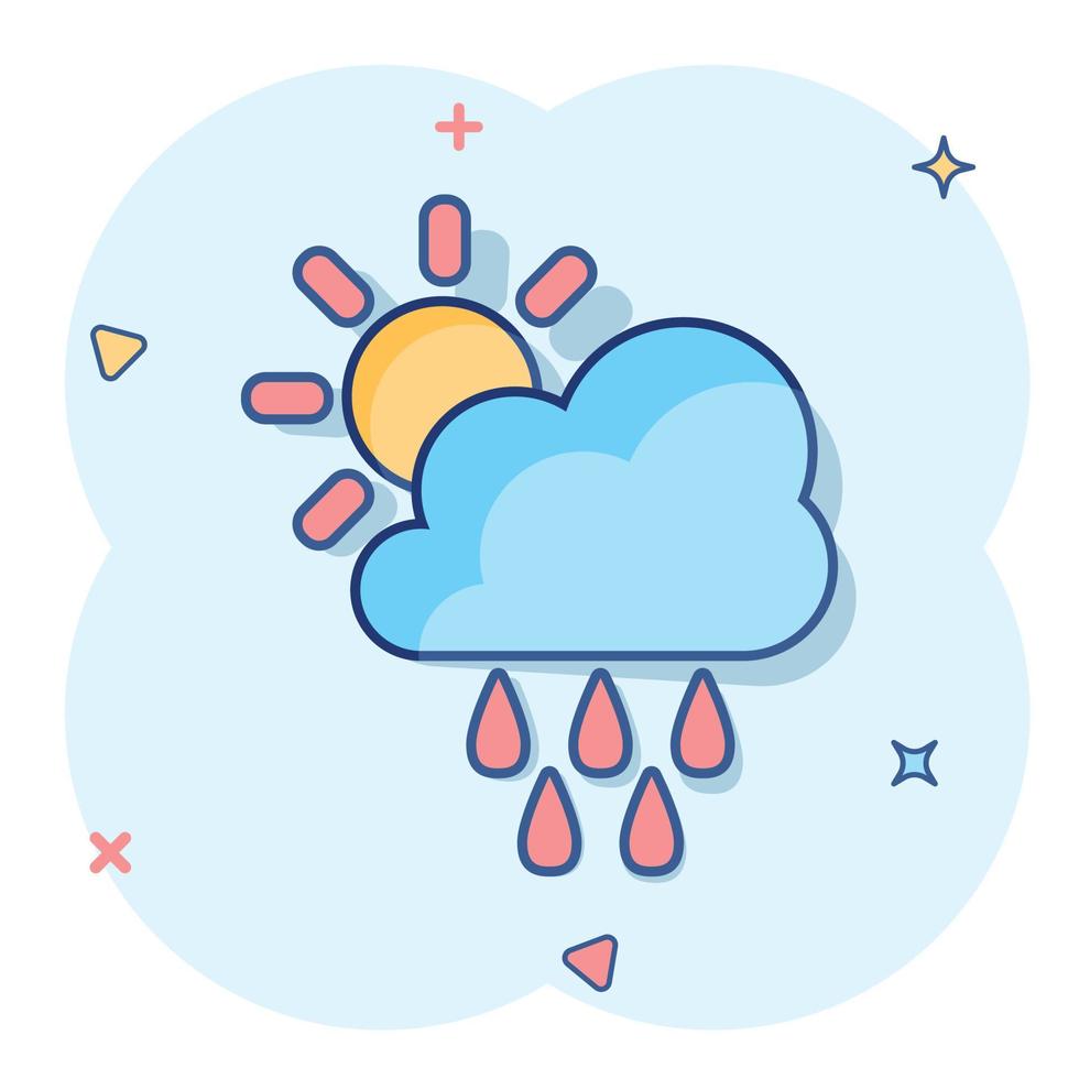 icono de pronóstico del tiempo de dibujos animados vectoriales en estilo cómico. sol con pictograma de ilustración de concepto de nubes. nube con concepto de efecto de salpicadura de negocio de lluvia. vector
