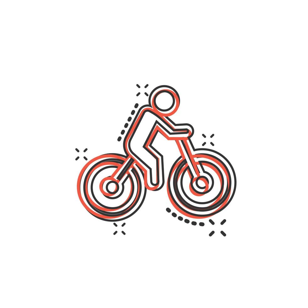 Bicycle icon in comic style. Bike with people cartoon vector illustration on white isolated background. Rider splash effect business concept.