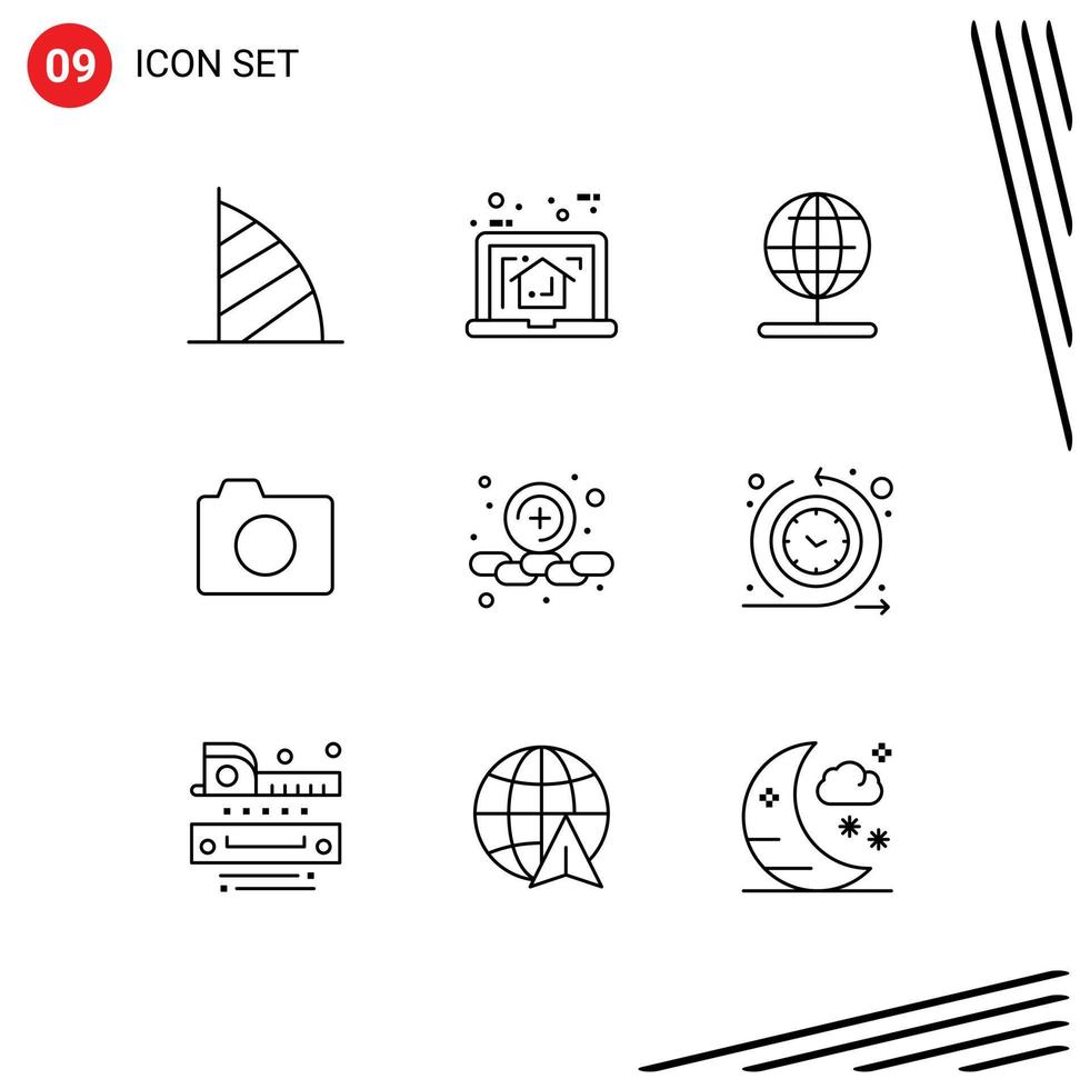 Editable Vector Line Pack of 9 Simple Outlines of basic image plan camera stand Editable Vector Design Elements