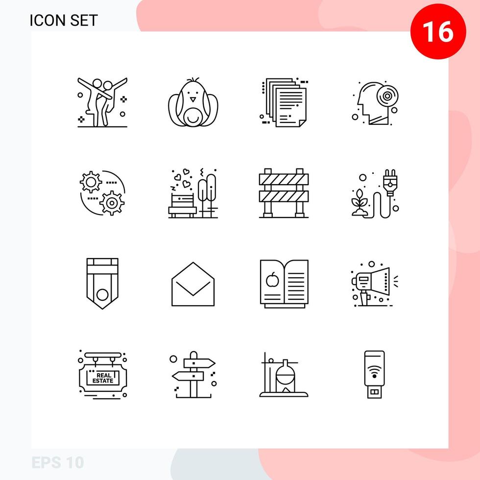 Modern Set of 16 Outlines Pictograph of control thinking deliverable brain paper Editable Vector Design Elements