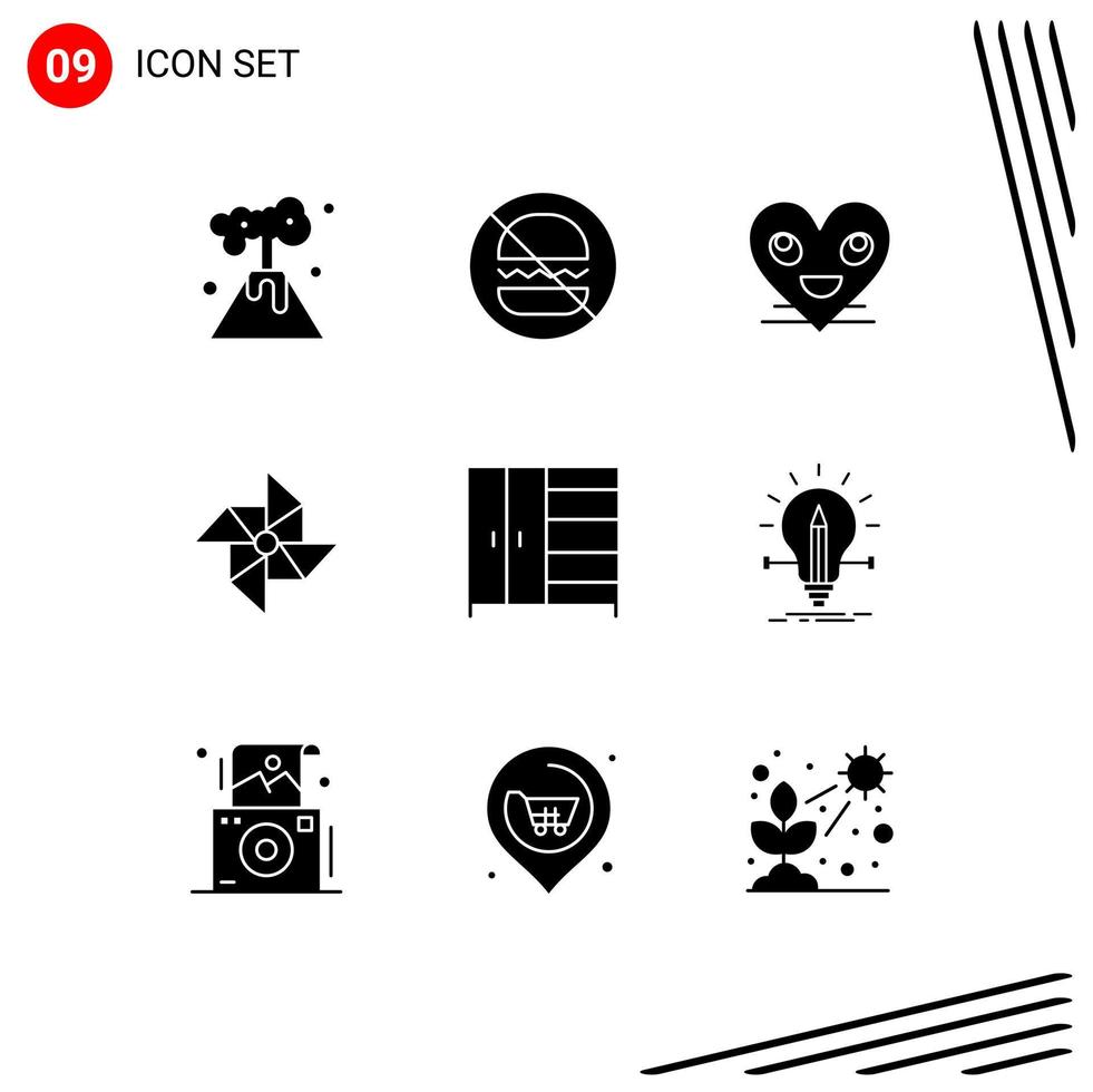 Set of 9 Vector Solid Glyphs on Grid for wardrobe furniture emoji windmill spring Editable Vector Design Elements