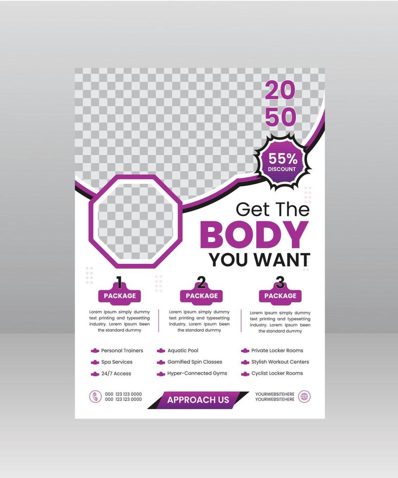 plantilla de volante y póster de fitness corporal de gimnasio deportivo vector