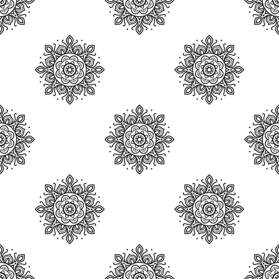 Draw mandala Black and white Seamless Pattern. Hand-drawn background. Islam, Arabic, Indian, and ottoman motifs. Perfect for printing on fabric or paper. vector