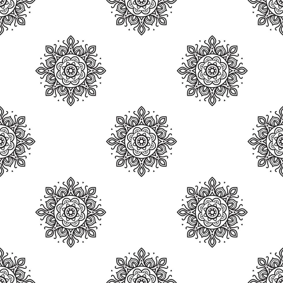 Draw mandala Black and white Seamless Pattern. Hand-drawn background. Islam, Arabic, Indian, and ottoman motifs. Perfect for printing on fabric or paper. vector