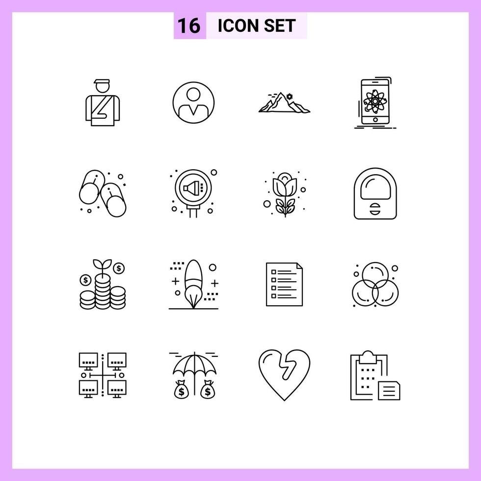 Pictogram Set of 16 Simple Outlines of science mobile mountain information sun Editable Vector Design Elements