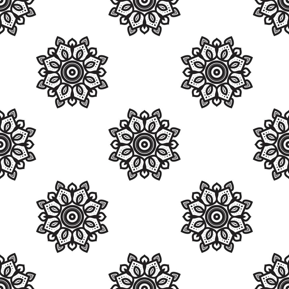 Mandala flower Black and white Seamless Pattern. Hand Drawn Ethnic Texture. Vector Illustration in Monochrome tones.