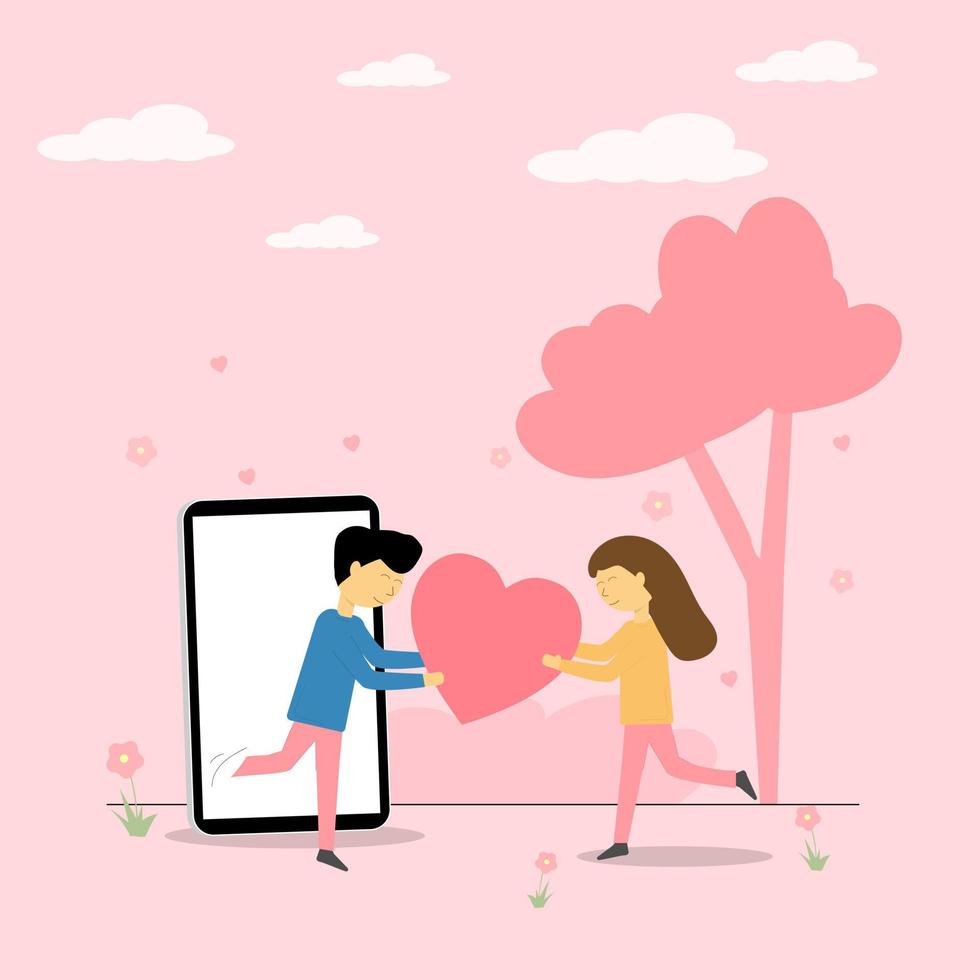 ilustración hombre fuera de la pantalla del teléfono móvil dando corazón sorpresa chica romántico día de san valentín concepto vector