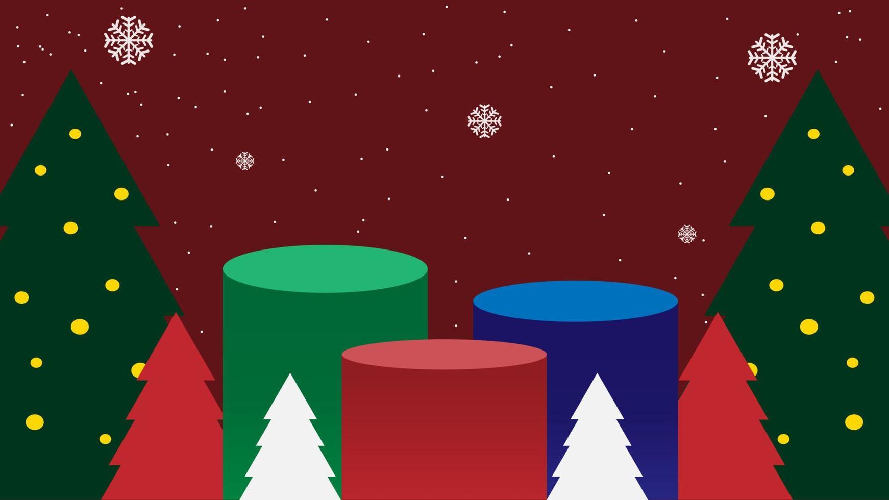 Podium shape minimal mock up with christmas tree red background,Abstract mock up snow winter vector