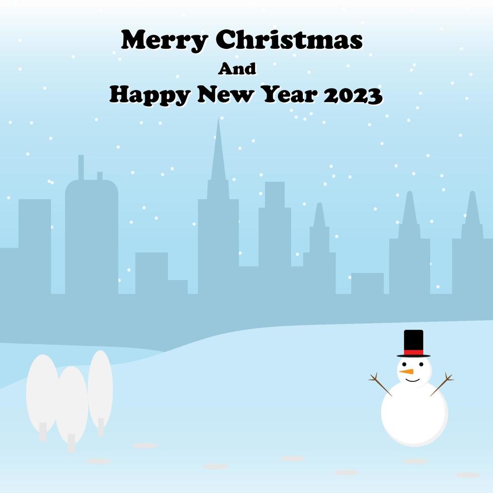 Merry christmas snowman on mountain with shadow city background with snow winter vector postcard