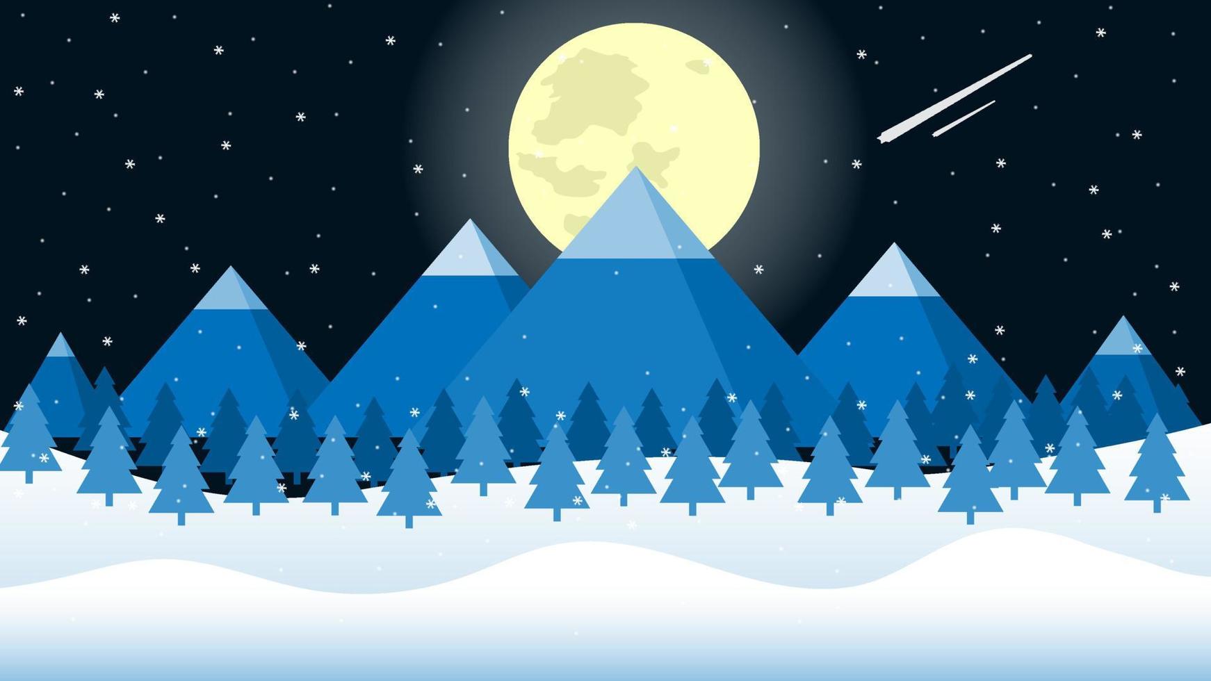 invierno nevado por la noche con la montaña y el valle con una gran luz de luna y una ilustración de estrella fugaz vector