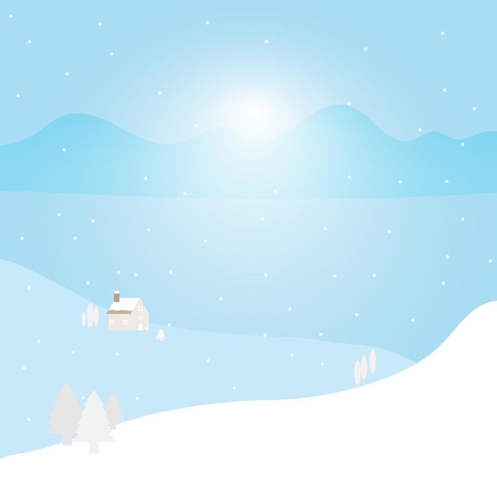 casa en la montaña con nieve invierno y luz solar brillante, vector de postal de Navidad nevada