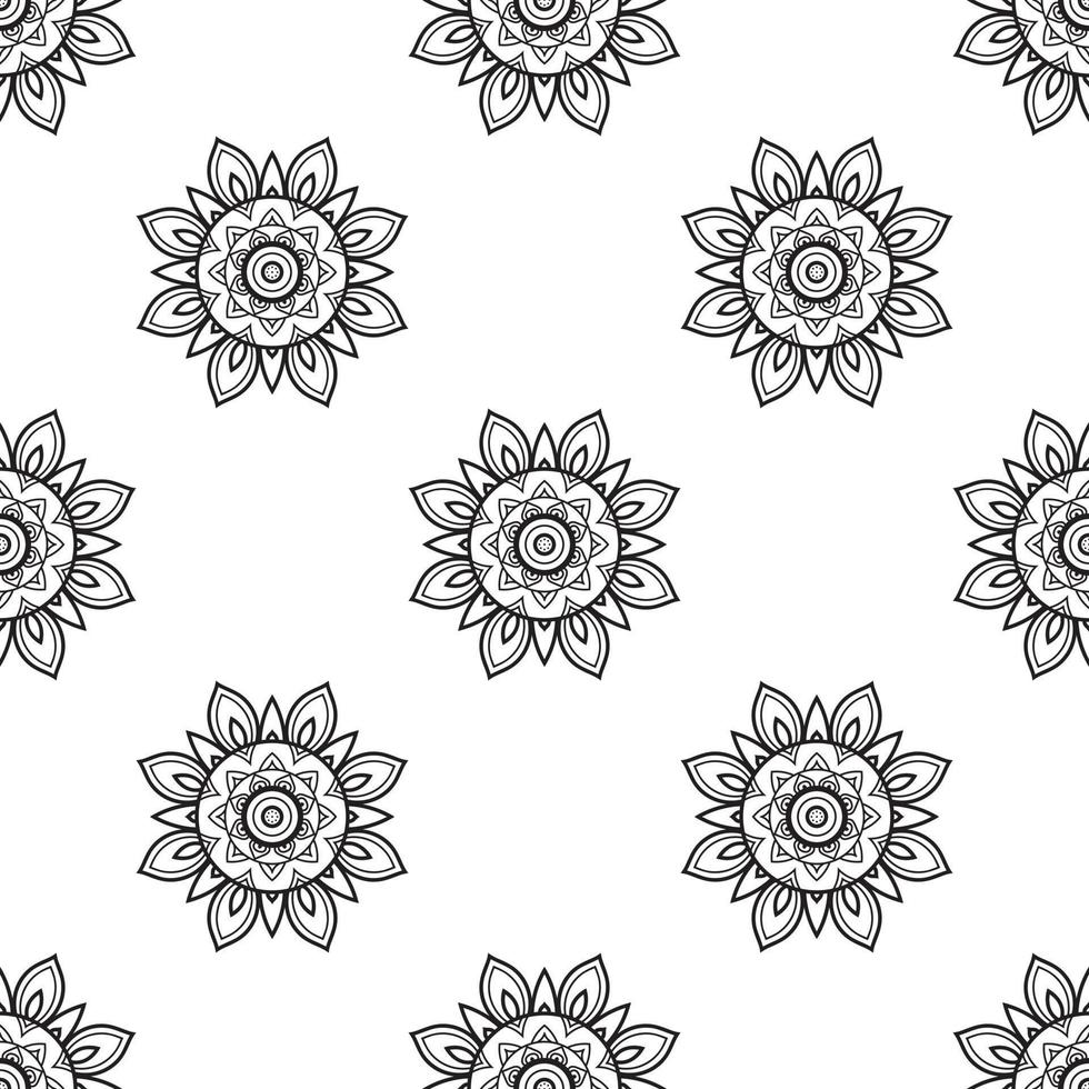 Draw mandala Black and white Seamless Pattern. can be used for wallpaper, pattern fills, coloring books, and pages for kids and adults. vector
