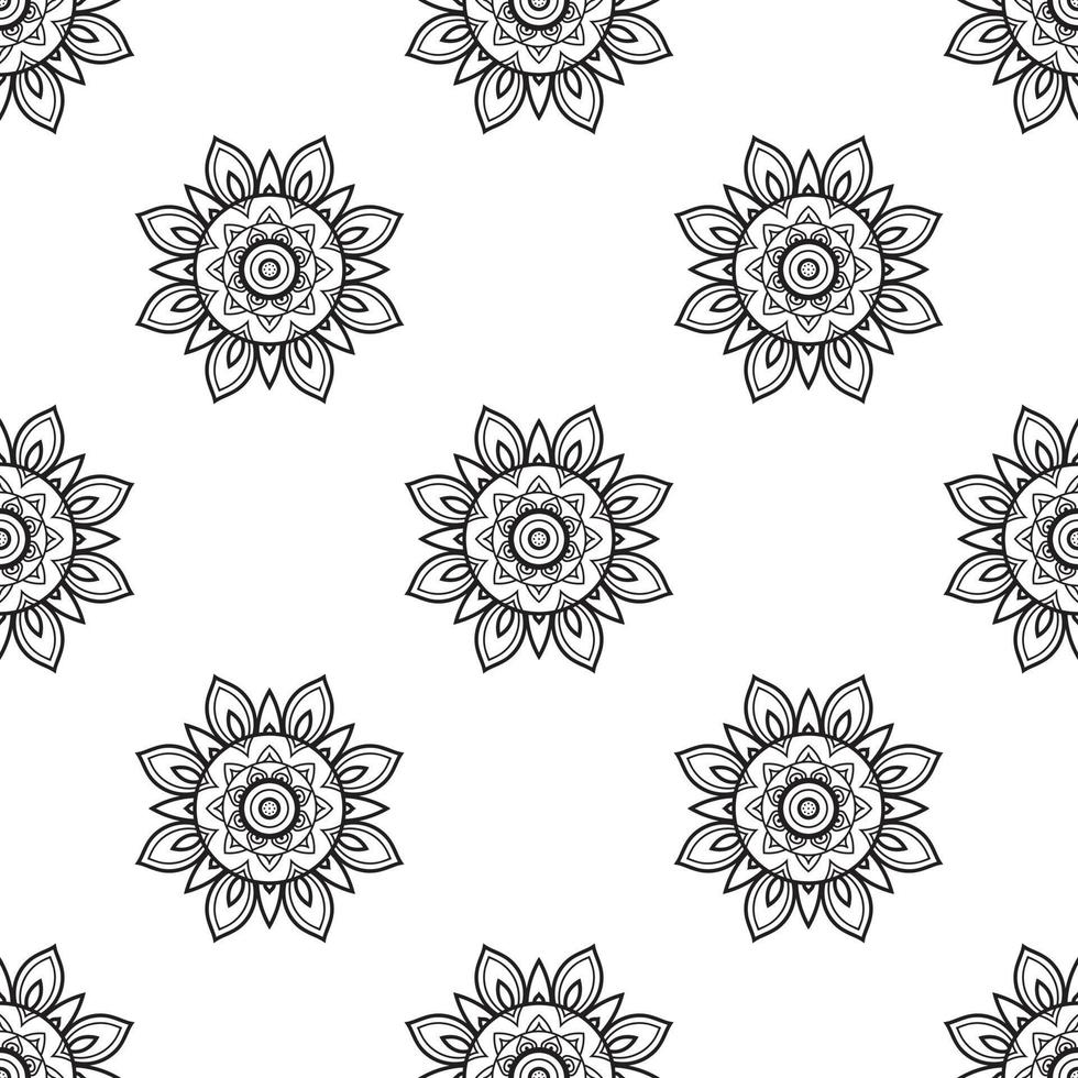 Draw mandala Black and white Seamless Pattern. can be used for wallpaper, pattern fills, coloring books, and pages for kids and adults. vector