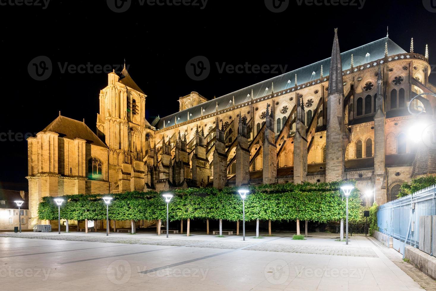 Bourges Cathedral, Roman Catholic church located in Bourges, France at night. It is dedicated to Saint Stephen and is the seat of the Archbishop of Bourges. photo