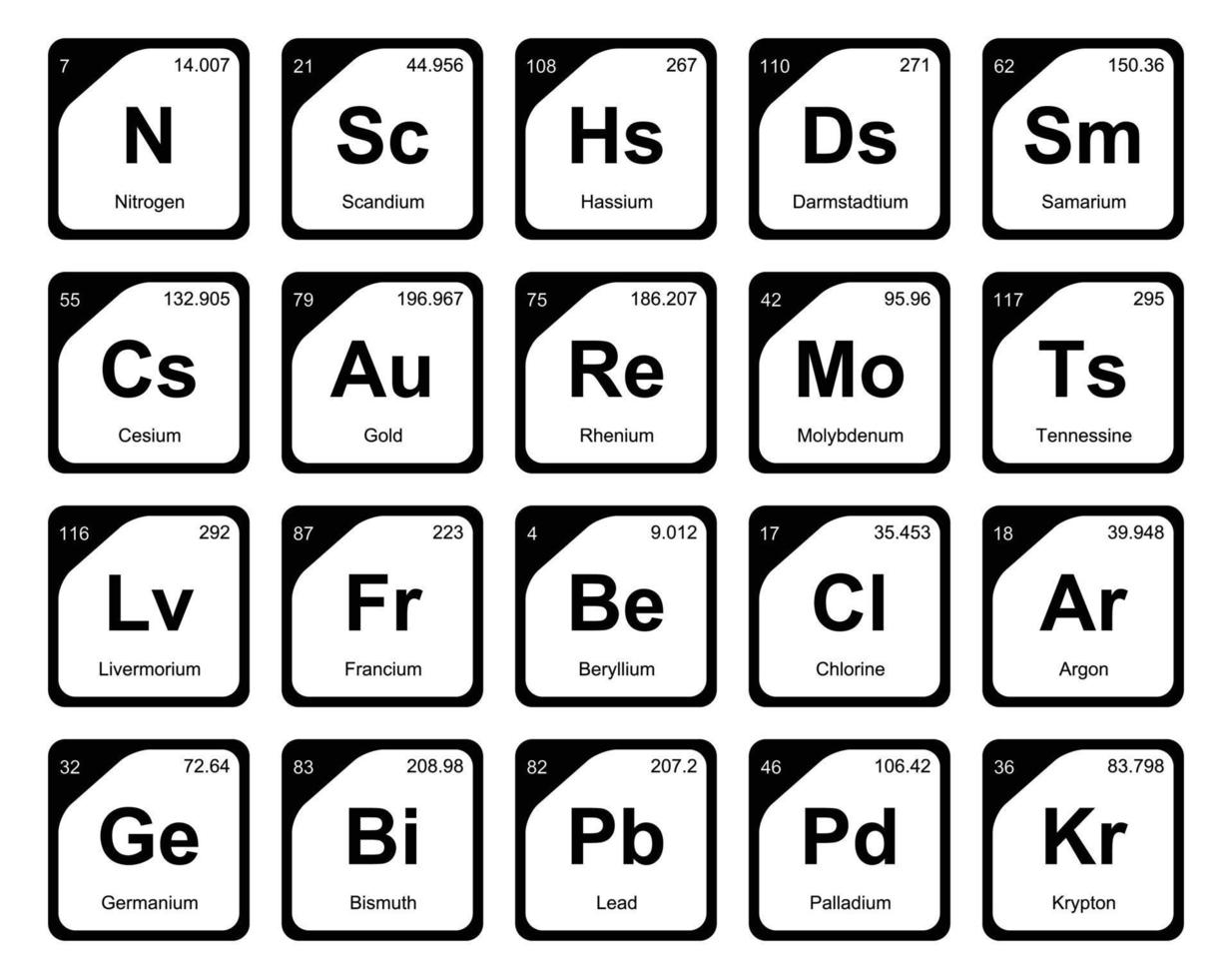 diseño de paquete de iconos de 20 tablas preiodicas de los elementos vector