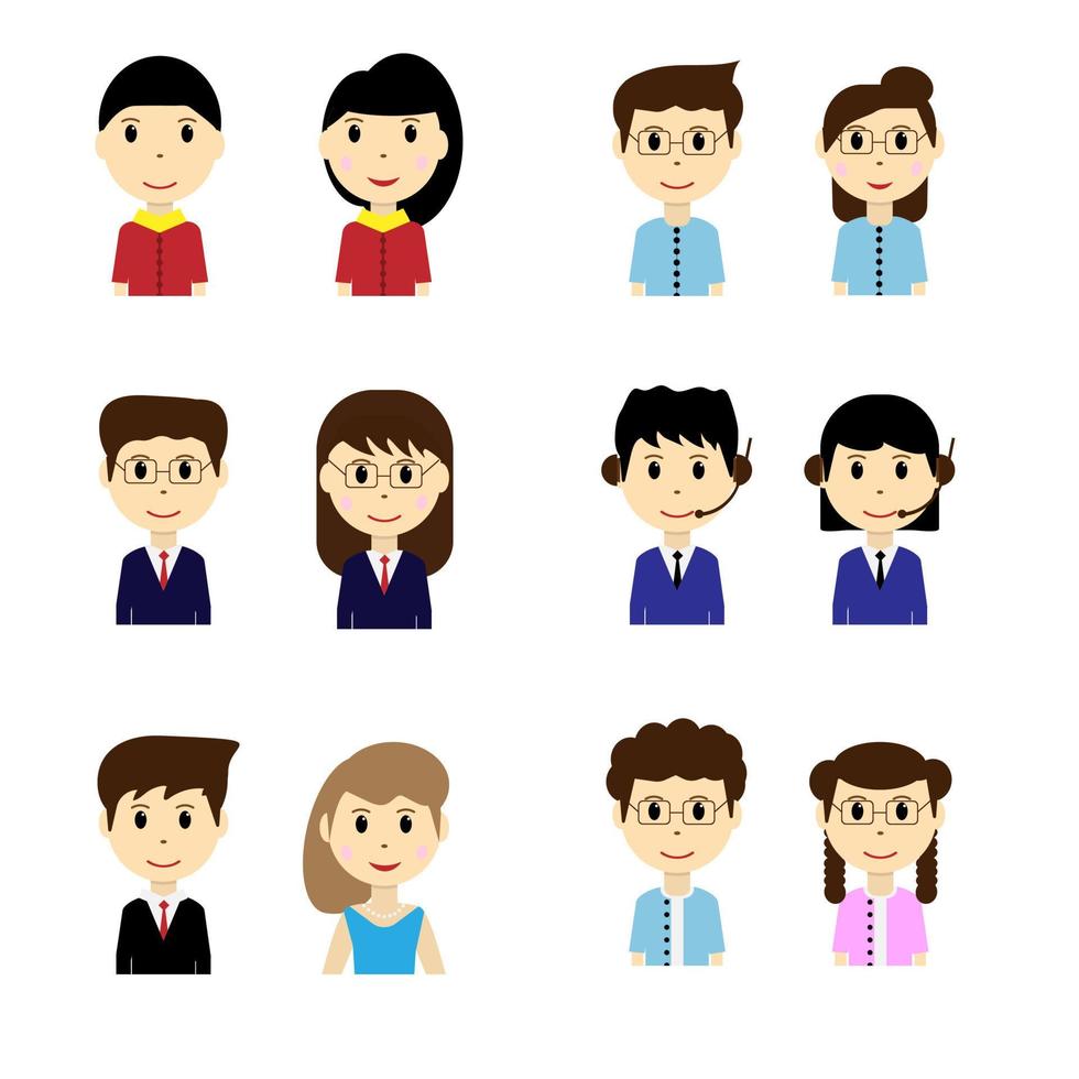 Young flat character man and woman vector collection avatar set isolated