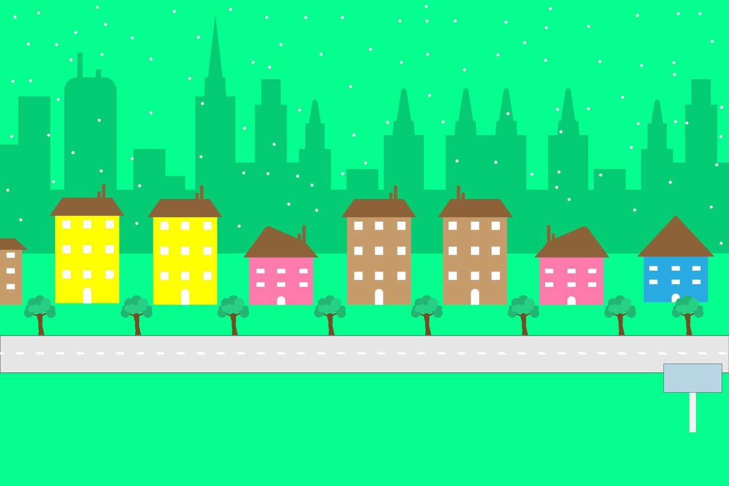 Vector landscape downtown and apartment with road city snowfall behind background