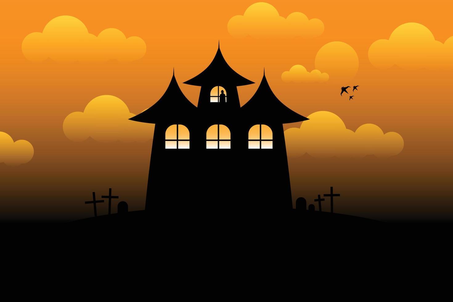 Ghost castle silhouette and dracula at the window yellow sky dark background vector