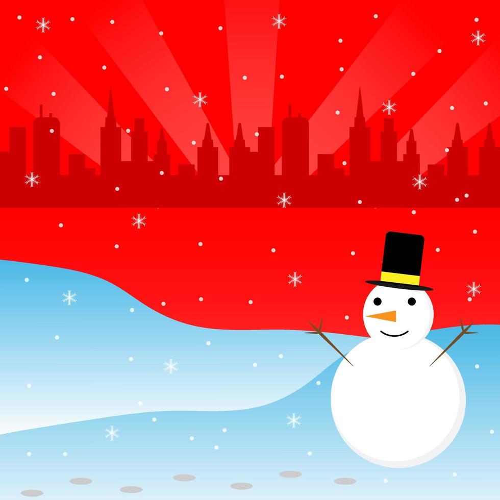 Merry christmas snowman on mountain with shadow city background with snow winter vector red postcard