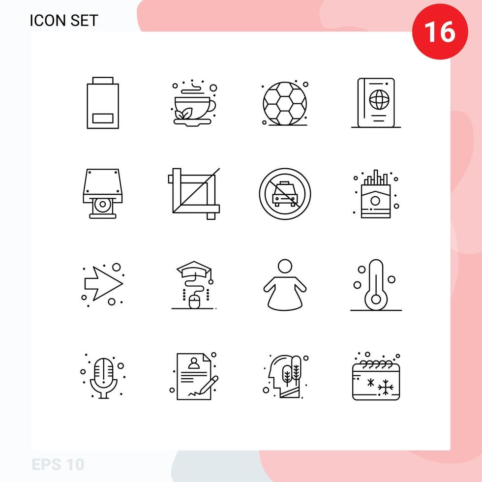 16 Universal Outlines Set for Web and Mobile Applications dvd tourist tea summer holiday Editable Vector Design Elements