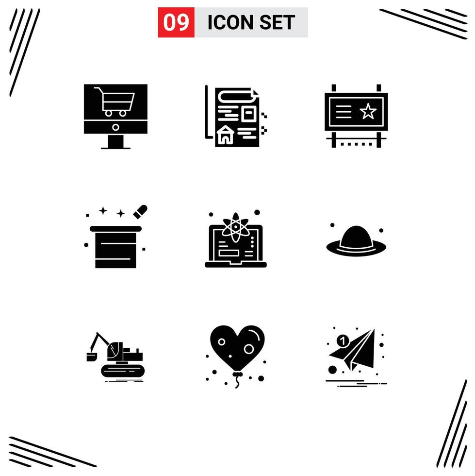 User Interface Pack of 9 Basic Solid Glyphs of computer magician advertising magical magic Editable Vector Design Elements