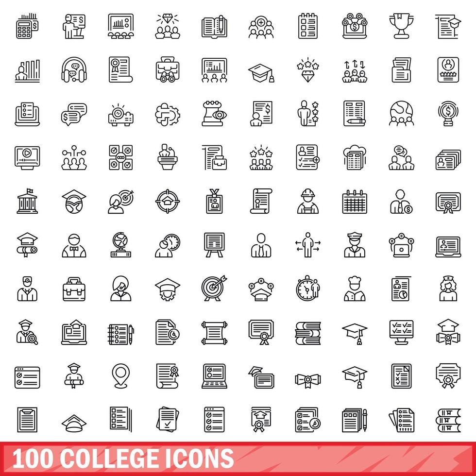 100 college icons set, outline style vector