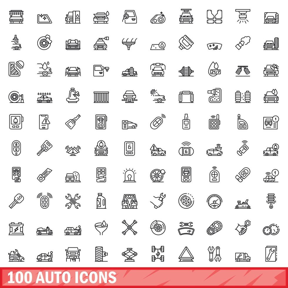 100 auto icons set, outline style vector