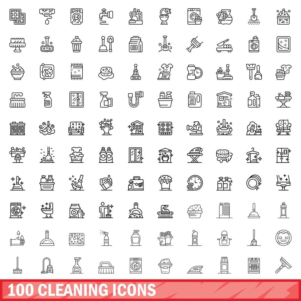 100 conjunto de iconos de limpieza, estilo de esquema vector