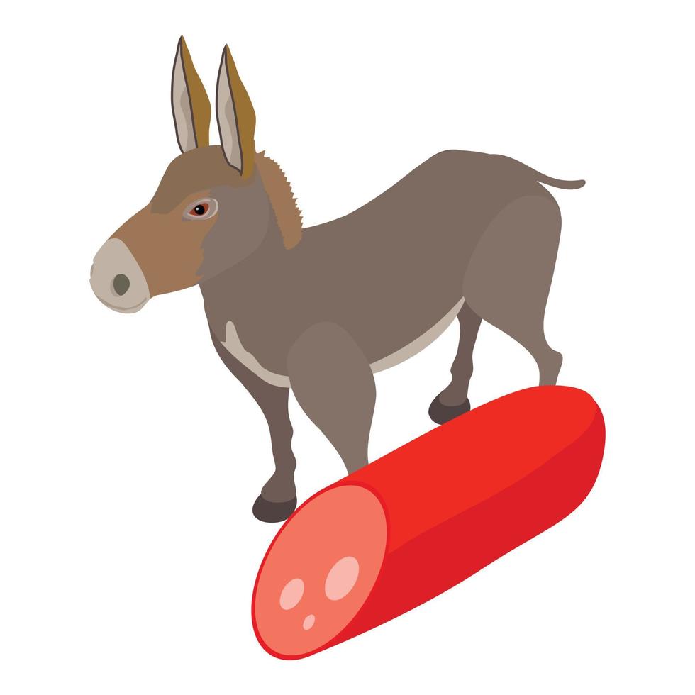 Donkey meat icon isometric vector. Donkey near cross section of sausage stick vector