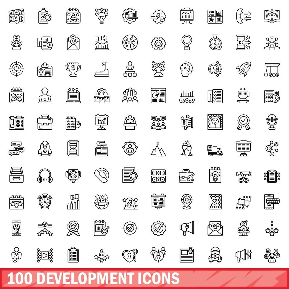 100 development icons set, outline style vector