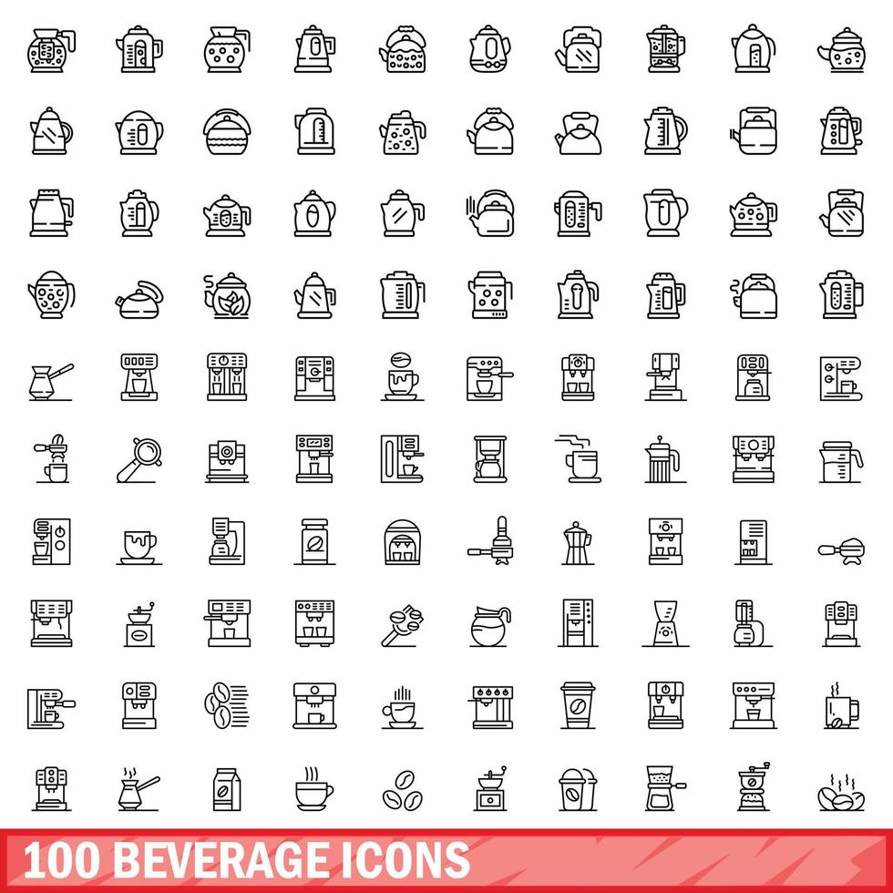 100 beverage icons set, outline style vector