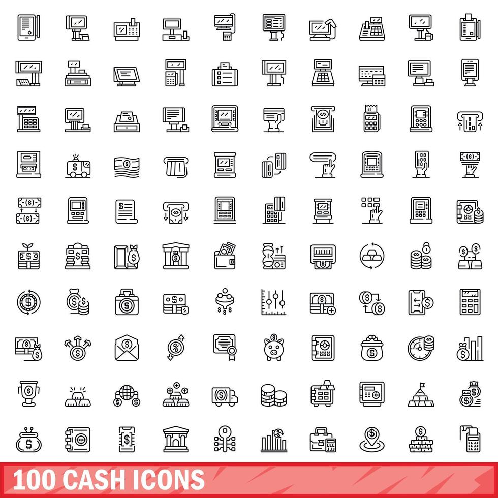 100 iconos en efectivo, estilo de esquema vector