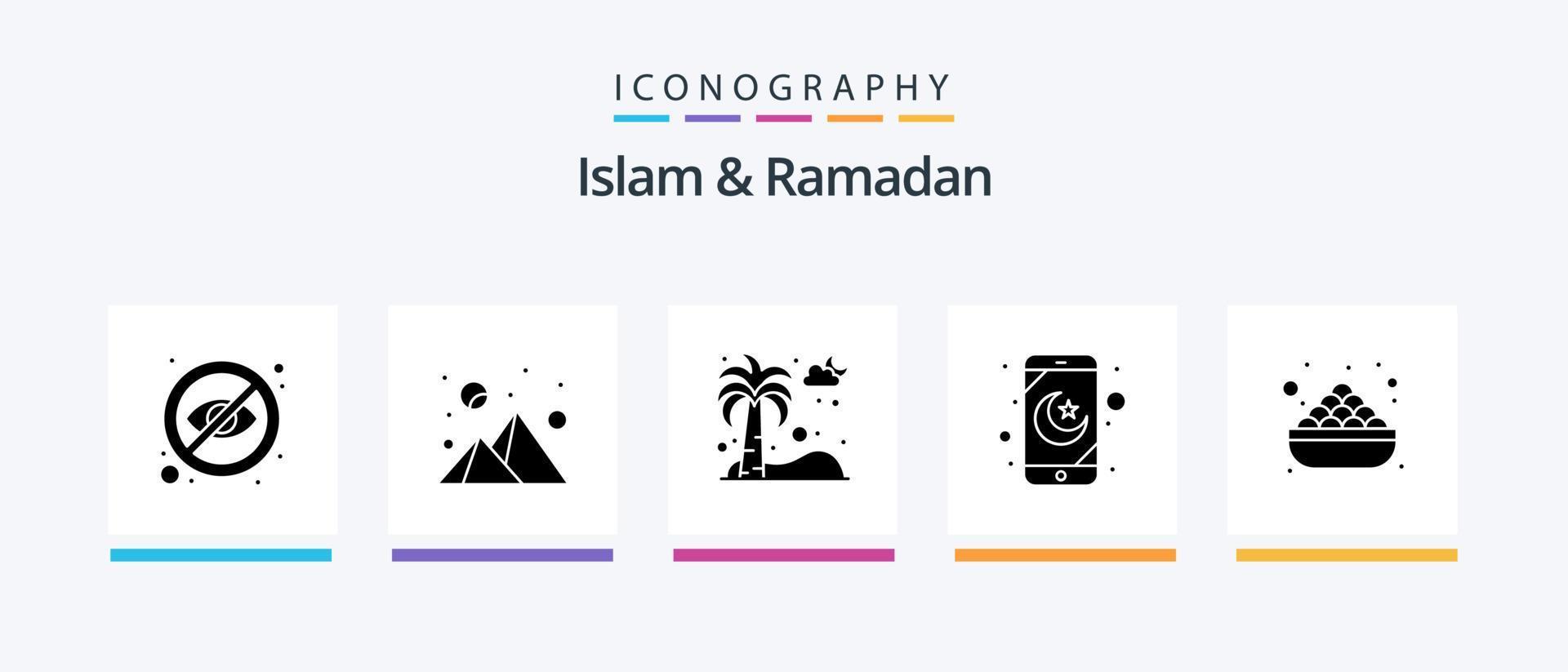 Islam And Ramadan Glyph 5 Icon Pack Including food. prayer application. dates. mobile application. cloud. Creative Icons Design vector