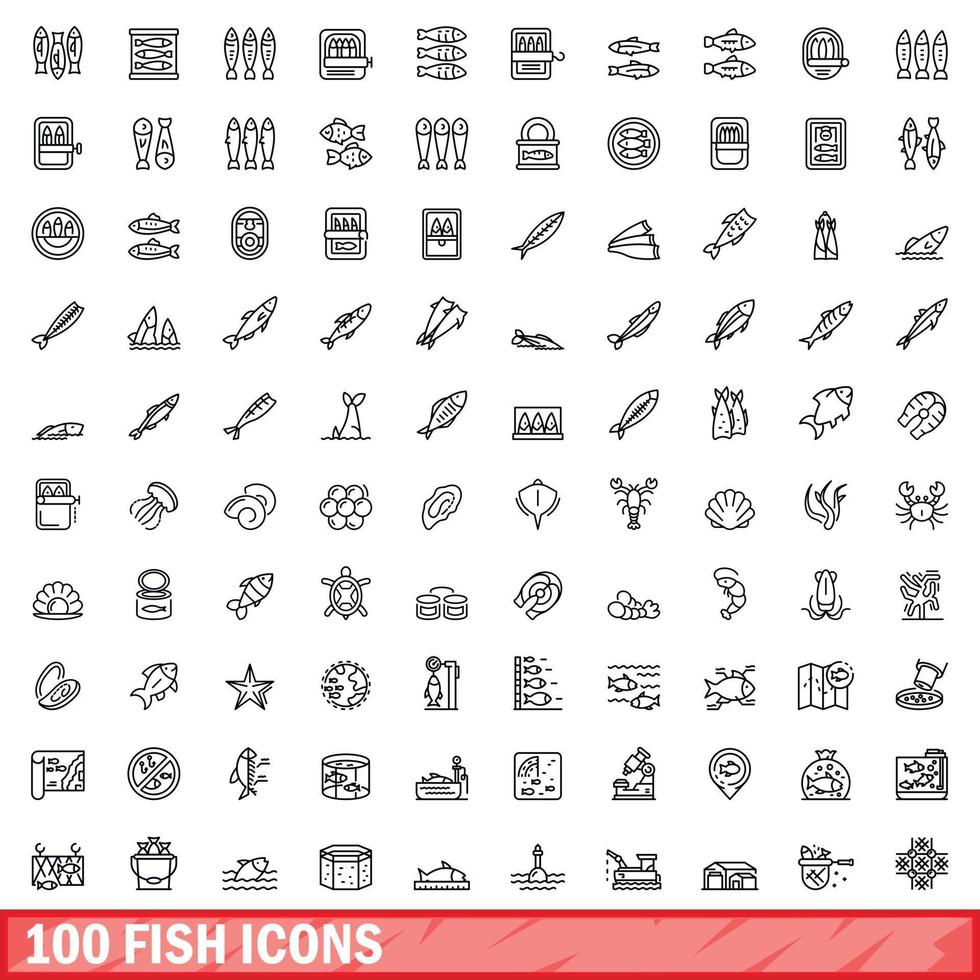 100 fish icons set, outline style vector