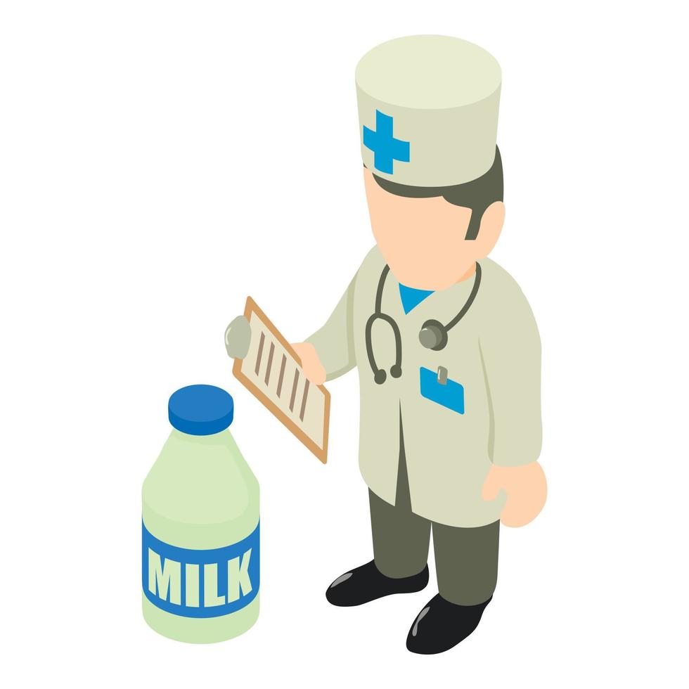 icono de alimentación saludable vector isométrico. hombre nutricionista médico y botella de leche