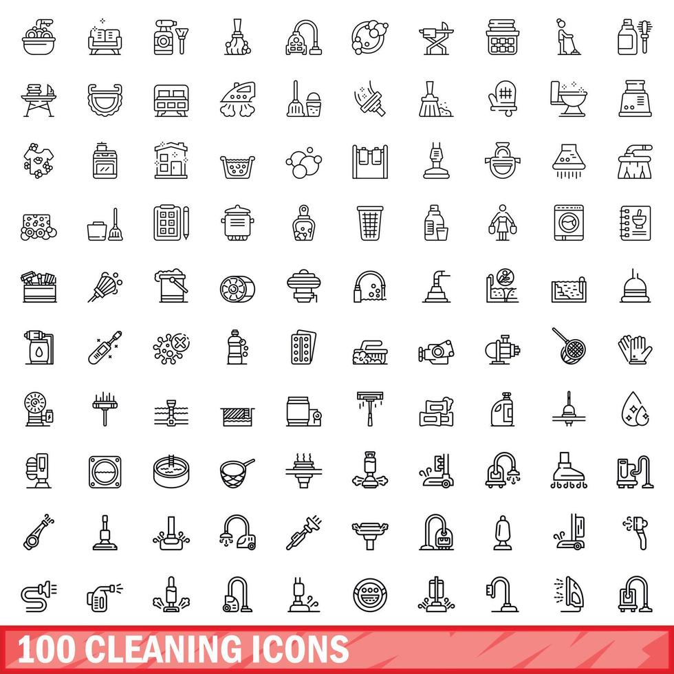 100 conjunto de iconos de limpieza, estilo de esquema vector