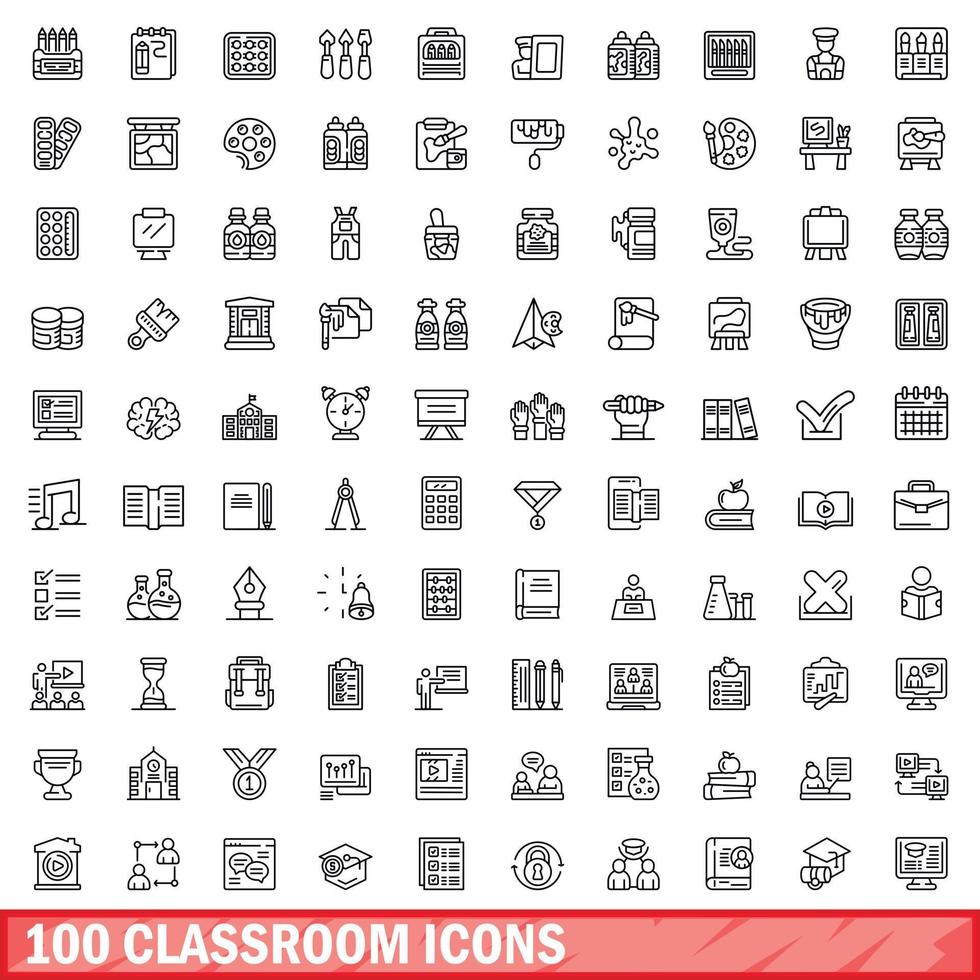 100 classroom icons set, outline style vector