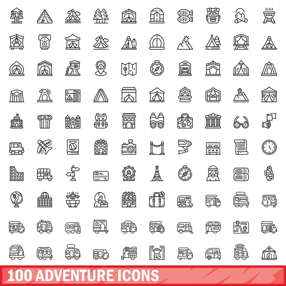 100 adventure icons set, outline style vector