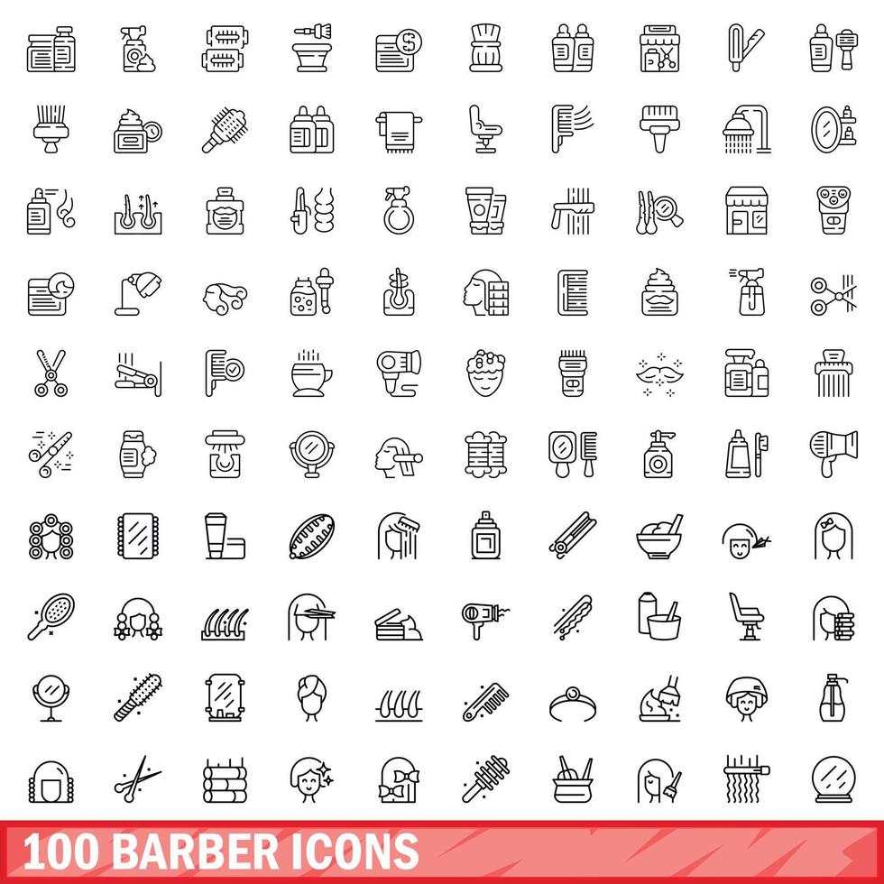 100 barber icons set, outline style vector