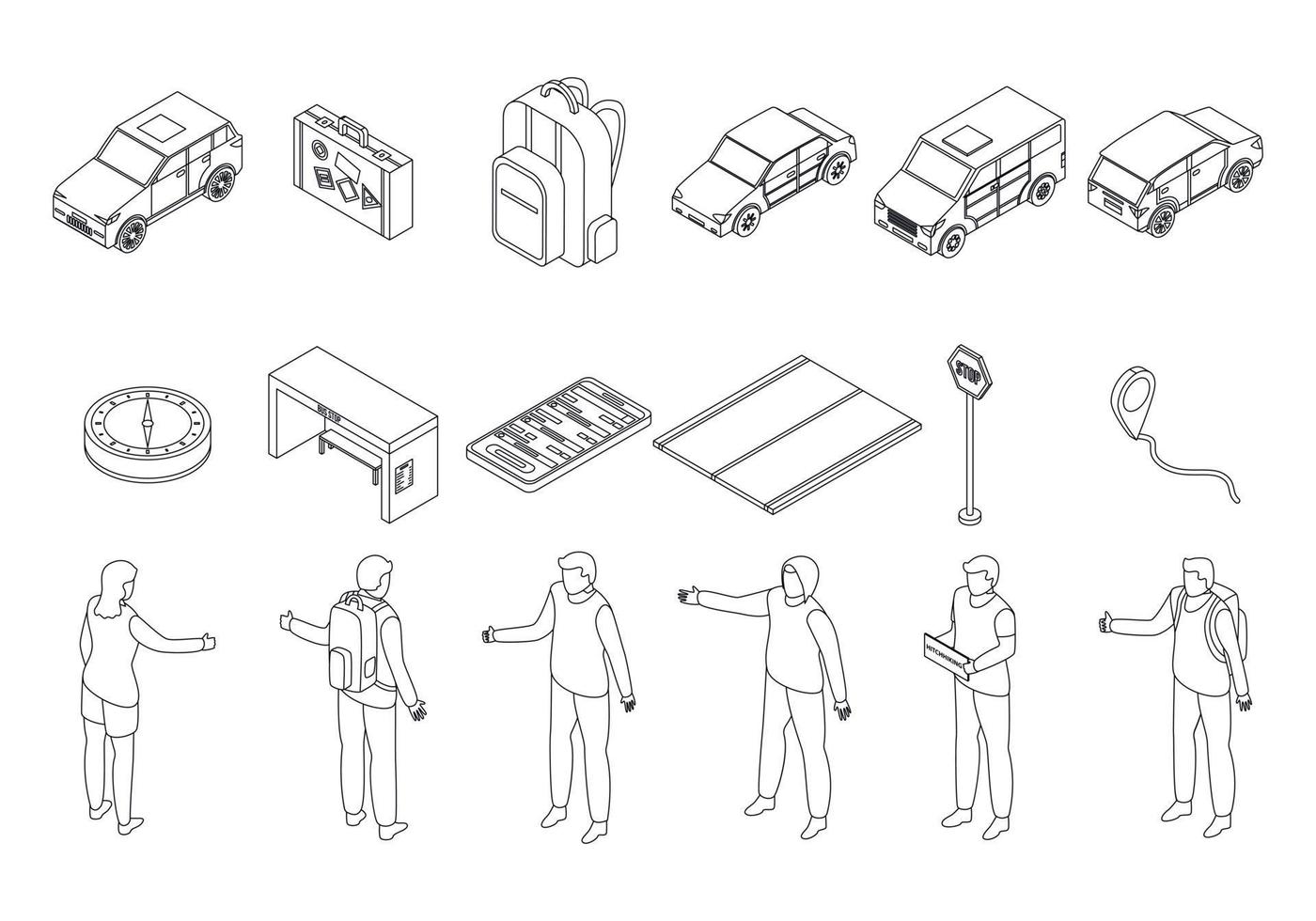 Hitchhiking icons set outline vector