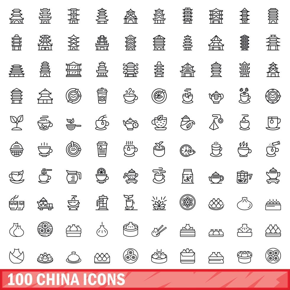 100 china icons set, outline style vector