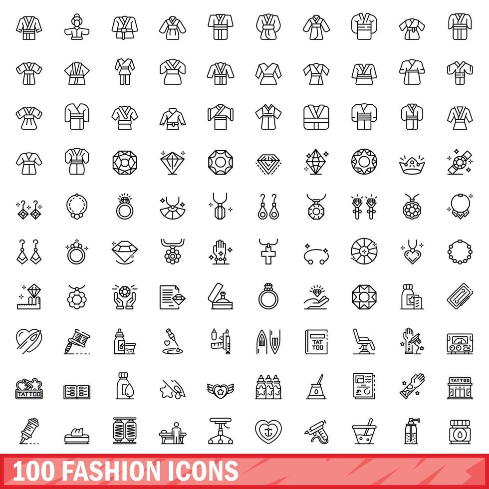 100 fashion icons set, outline style vector
