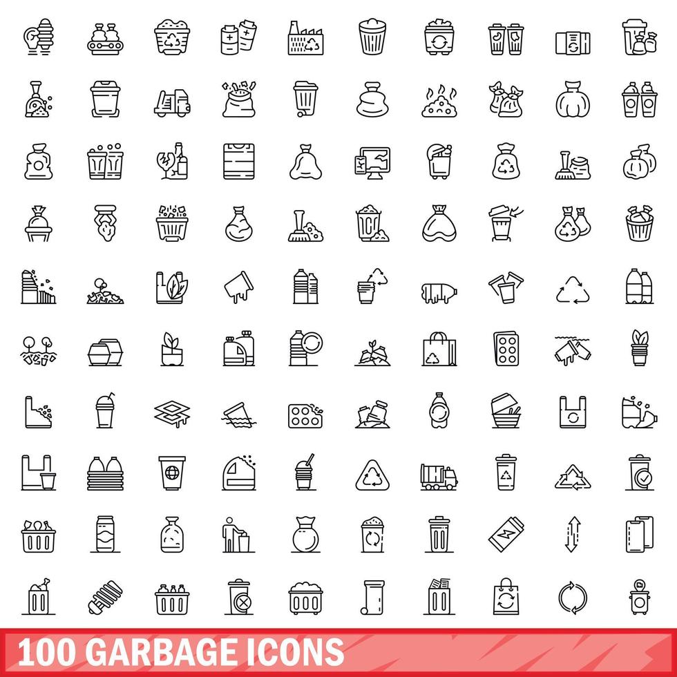100 garbage icons set, outline style vector