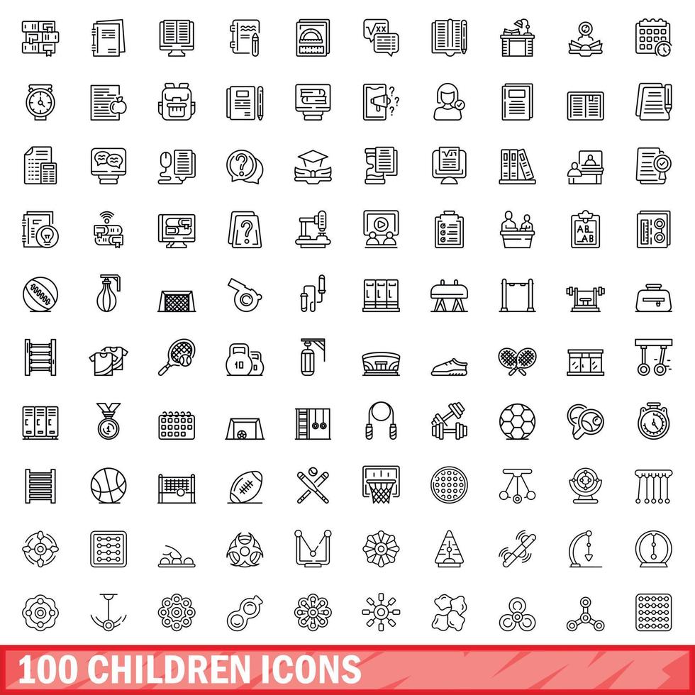 100 niños, conjunto de iconos de estilo de esquema vector