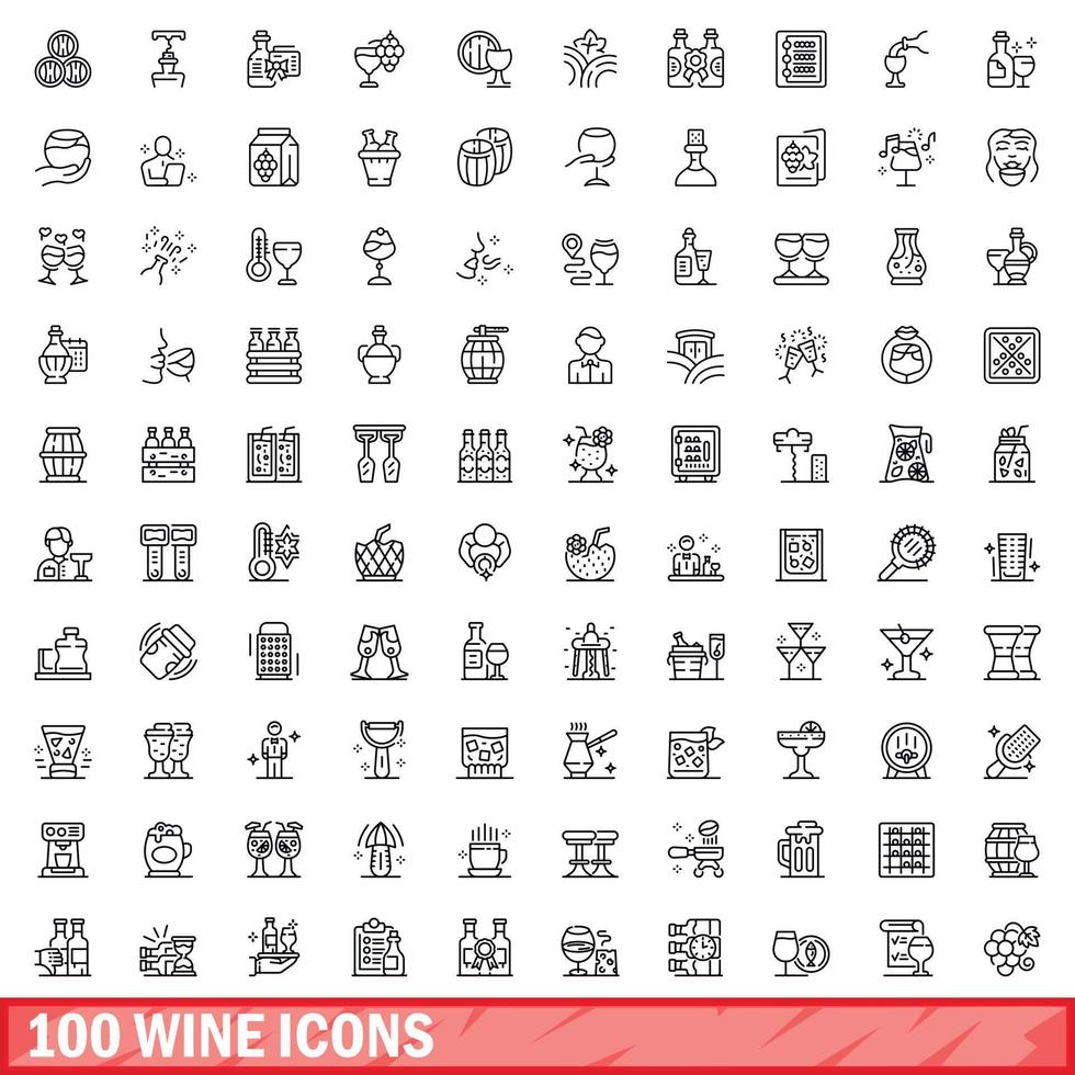 100 wine icons set, outline style vector