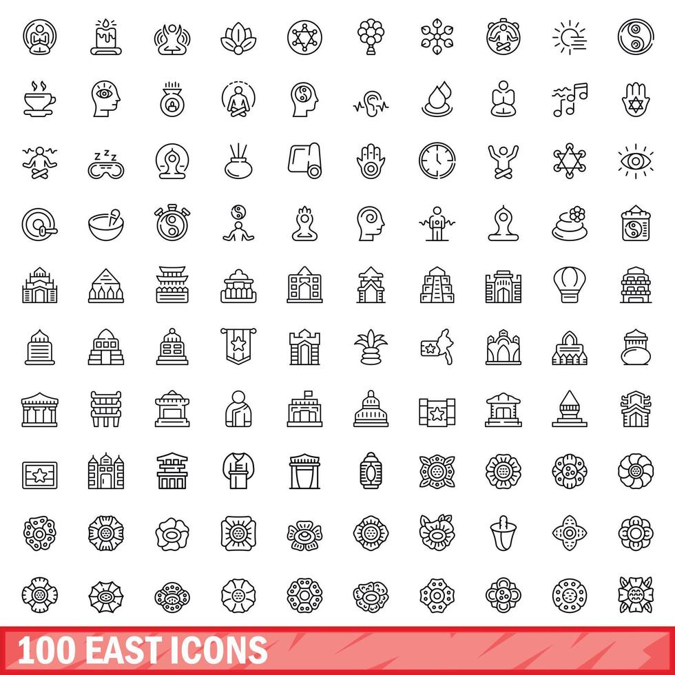 100 east icons set, outline style vector