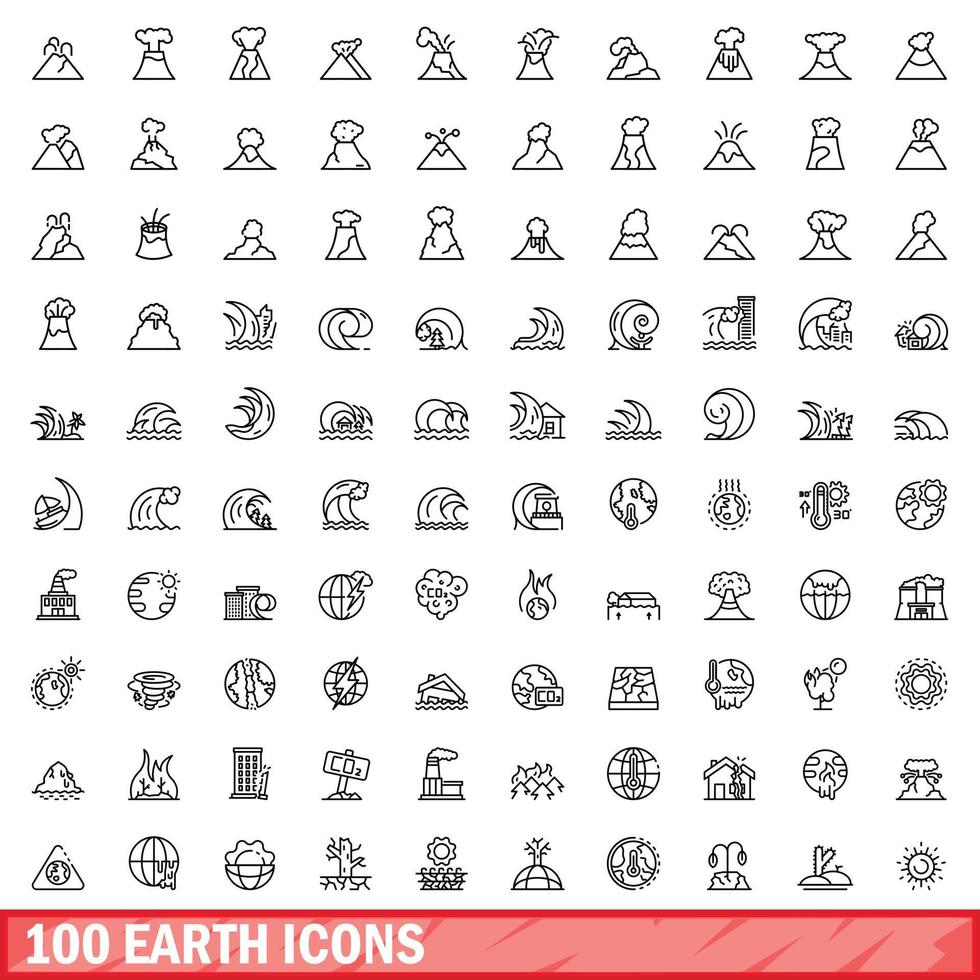 100 earth icons set, outline style vector